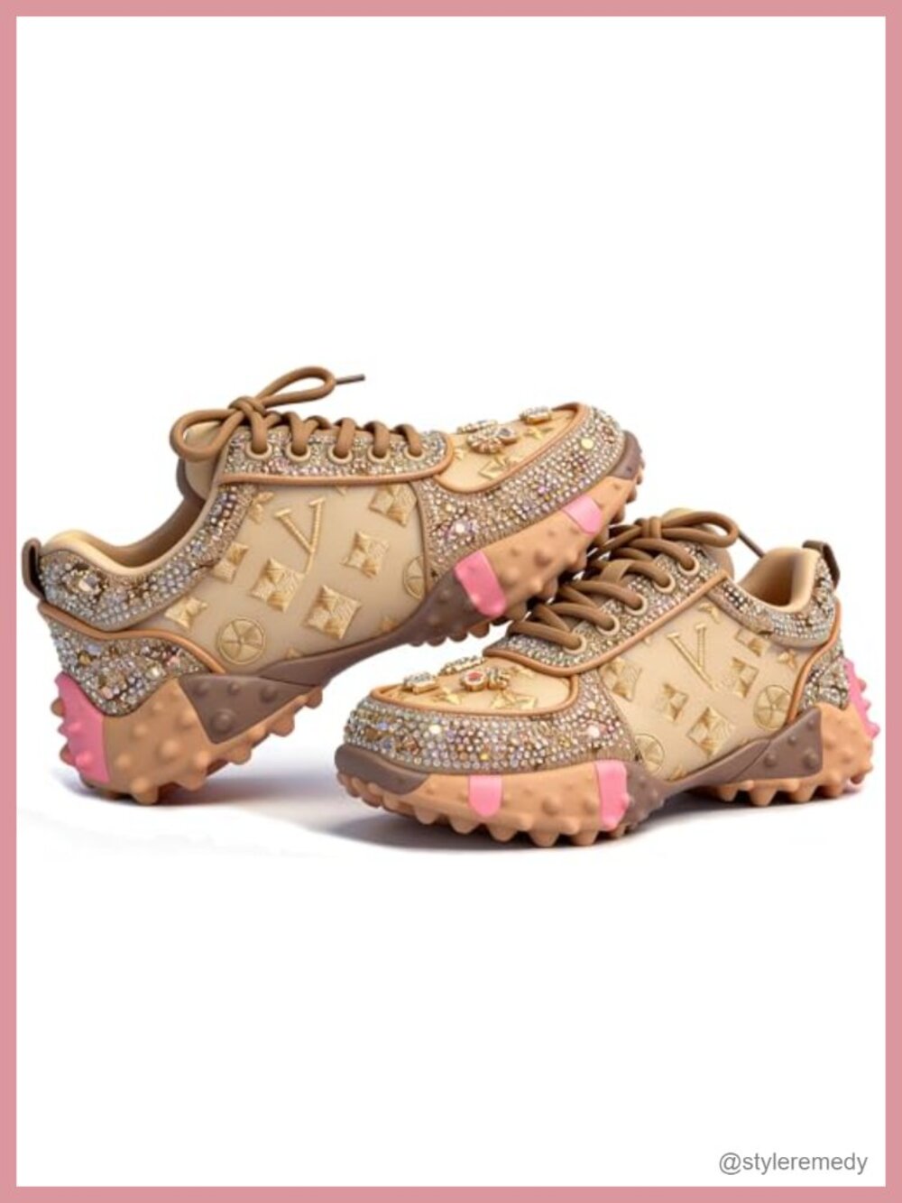 Sparkly Rhinestone Bling Platform Sneakers Lace-Up Casual Walking Shoes